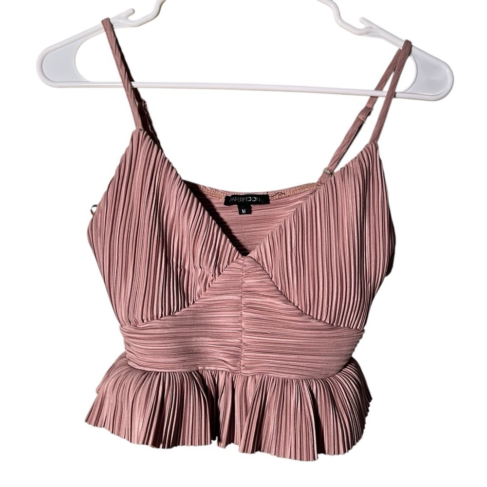 Papermoon Women's‎ Size Medium Pleated Peplum Tank Top V-Neck Beige Stretch